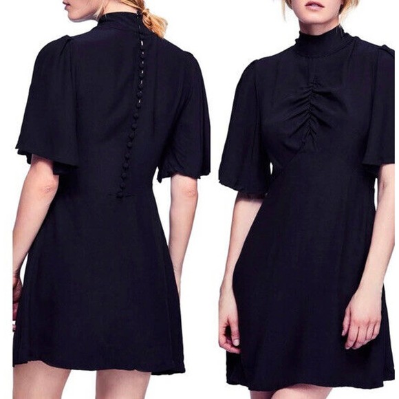 Free People | Be My Baby Ruched Mini Dress Size 2 Black Loose Fit Neck High - Picture 3 of 9